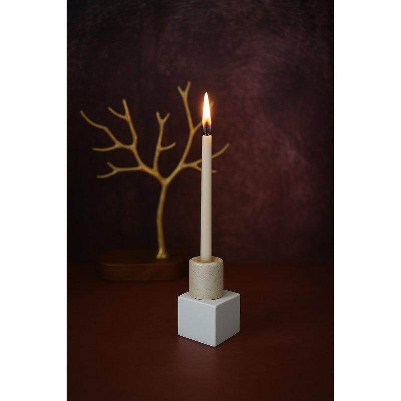 Candle Holder Stone & Metal Base, White