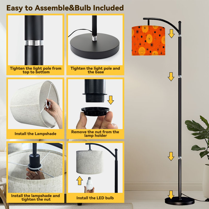Arc Floor Lamp Vivid orange liquid geometric atomic style seamless for wrap Floor Lamps with Remote LED Lights Adjustable Lamp Shades Tall Standing Lamps for Reading Office Living Room
