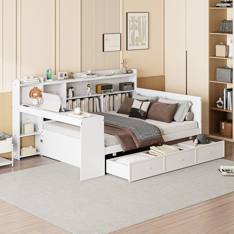 Lit de jour blanc avec 3 tiroirs et rangement supplémentaire - Fabriqué en bois de pin pour un bureau pleine grandeur de style pinède