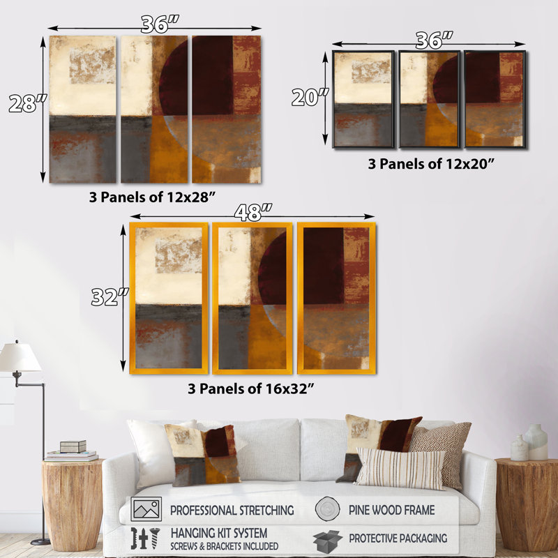 Chocolat brun élémentaire V - 3 pièces sur toile, H 32 po x l 48 po x P 1 po, Toile tendue