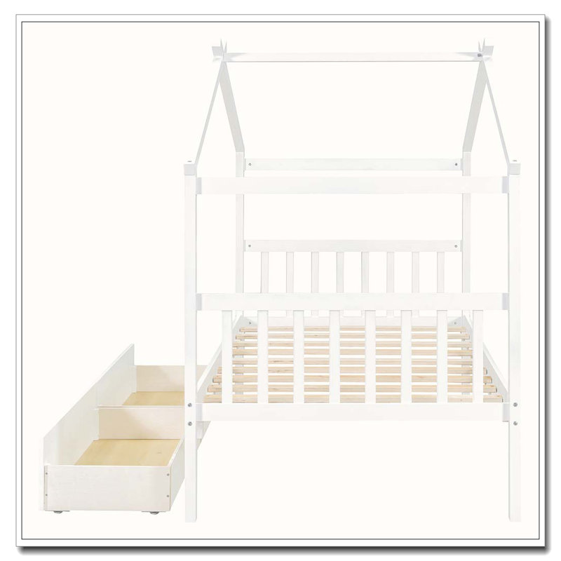 Lit en bois avec tiroirs, Simple, Blanc