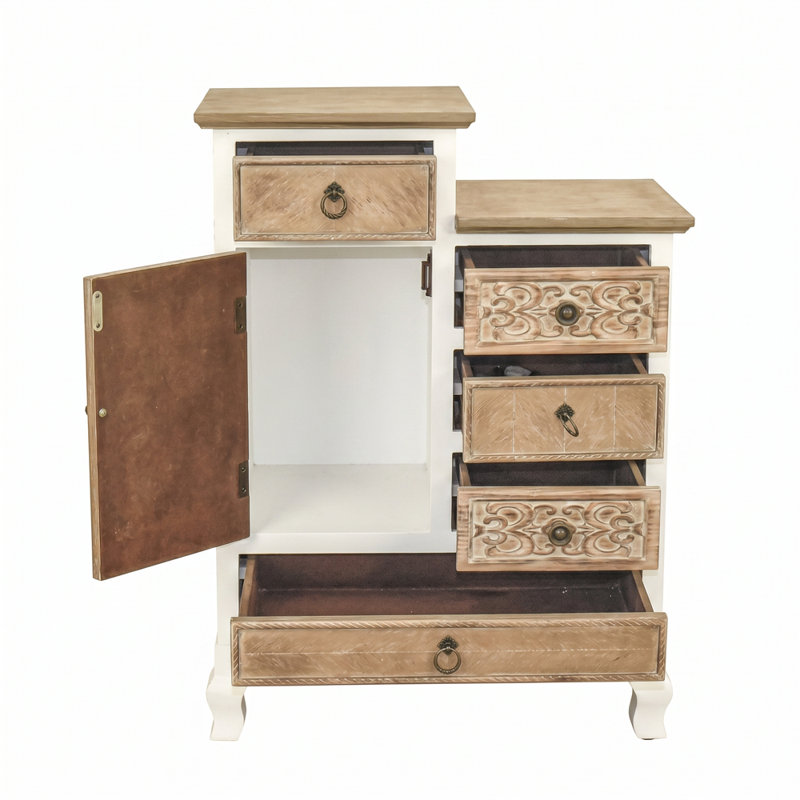 Armoire d'appoint 32,28 po de hauteur à 1 porte en bois avec plusieurs tiroirs et détails sculptés