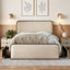 Structure de lit grand, lit tapissier moderne en métal avec tête de lit courbée et tiroirs de rangement sous le lit, beige neutre