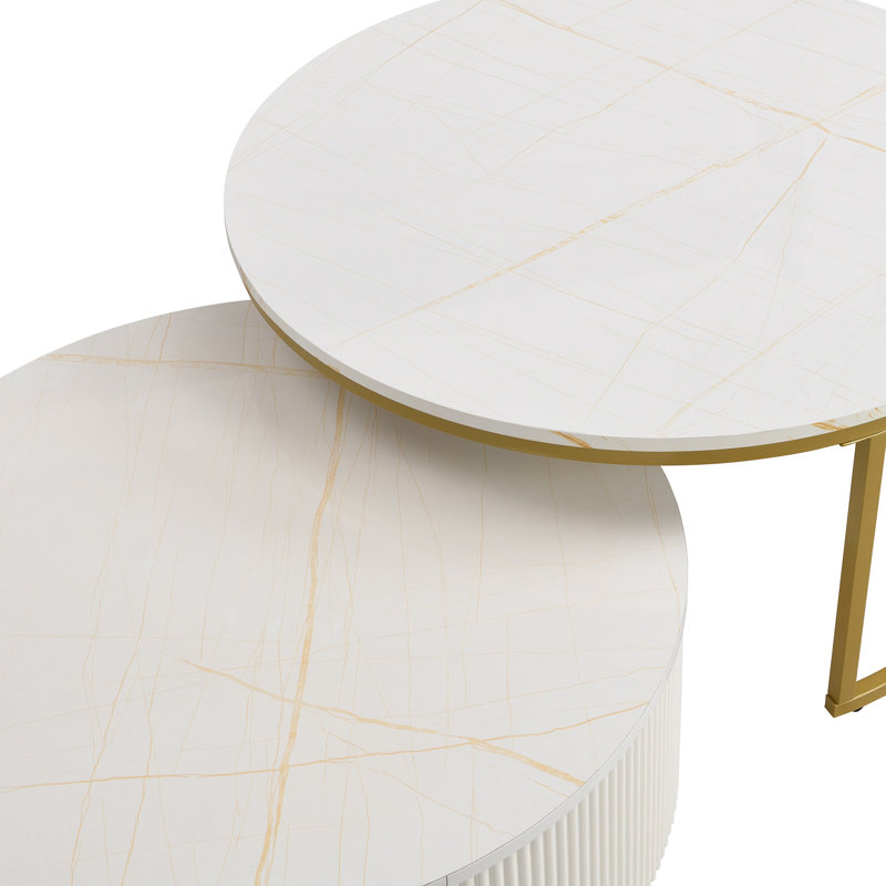 Table basse gigogne moderne cannelée avec tiroir en blanc et or 31,5 po Modern