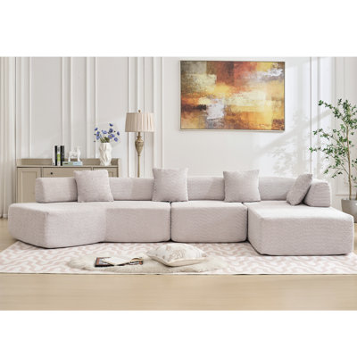 4 Living Room Sectional, Gray Boucle, No Assembly, Cozy Home 140" L-shape , 4 Seats, Decor