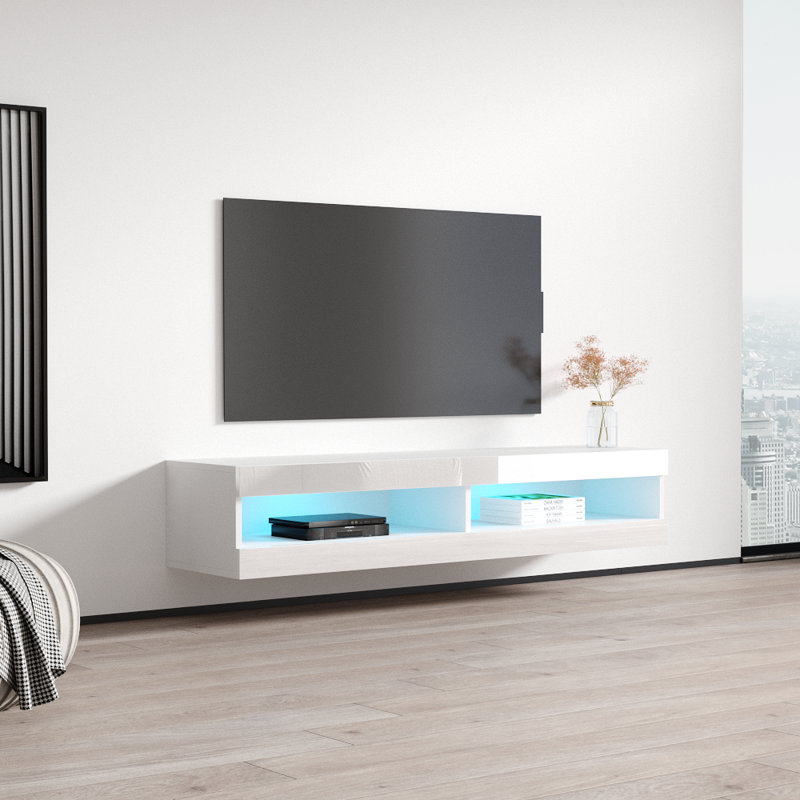 Fly 63" Modern Floating Wall Mounted TV Stand with LED Lighting, High Gloss Finish, White