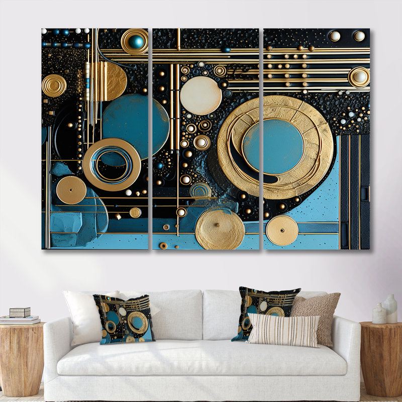 Art nouveau collage art bleu clair - ensemble de décoration murale géométrique, Toile tendue, H 28 po x l 36 po x P 1 po
