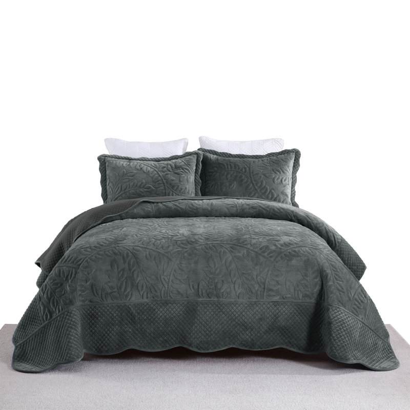 Ensemble de courtepointe surdimensionnée en velours brodé avec 2 taies décoratives Marcielo, Gris