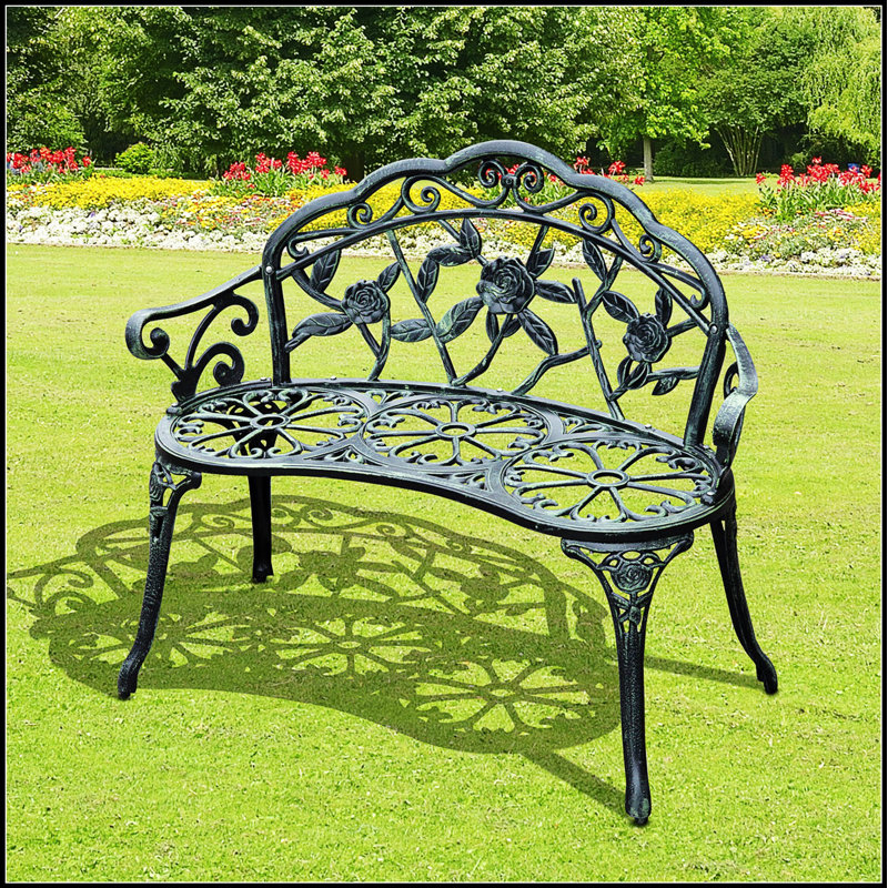 Banc d'extérieur en fonte d'aluminium Outsunny avec accents floraux roses, finition antique et sièges spacieux pour deux