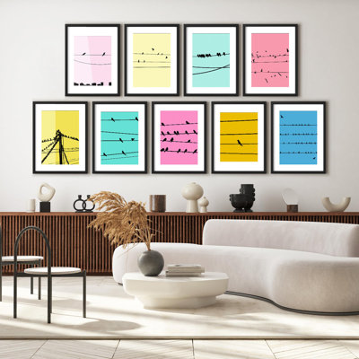 Art mural encadré, ensemble de galerie, oiseaux, silhouettes, lignes téléphoniques, animaux, villes, art numérique, art moderne, rustique, multicolore pour chambre à coucher, salon, bureau - 11 po x 14 po x 9 po - noir
