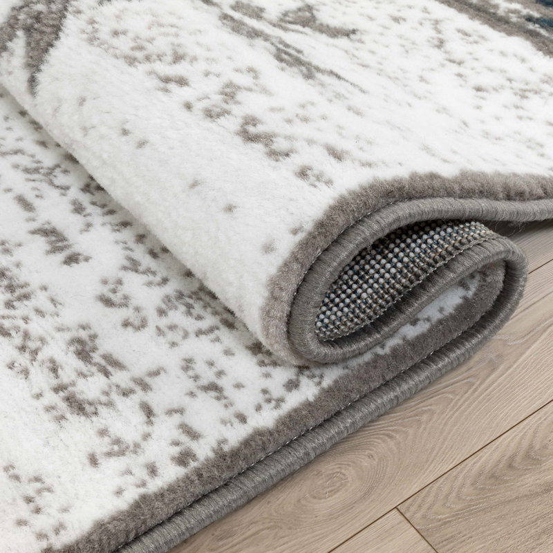 Tapis bleu marine / ivoire en polypropylène tissé à la machine Giselly, Rectangle 3 pi 11 po x 5 pi 3 po