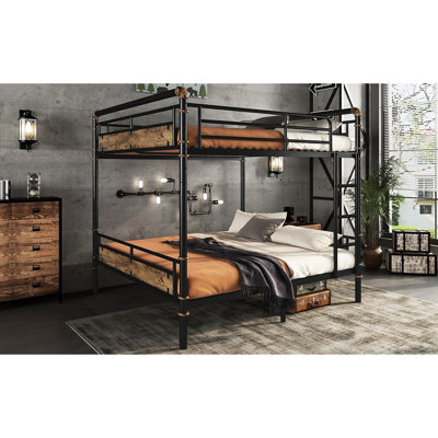 Queen Over Metal Bunk Bed, And , 3 - Step With Non Slip Foam, Smooth Rounded Edges, Black Finish Rustic Wood, Ideal For Teens In Dorm Or Guest Room Family Use, 16 Inch High Guardrails, 8.1 Under Bed
