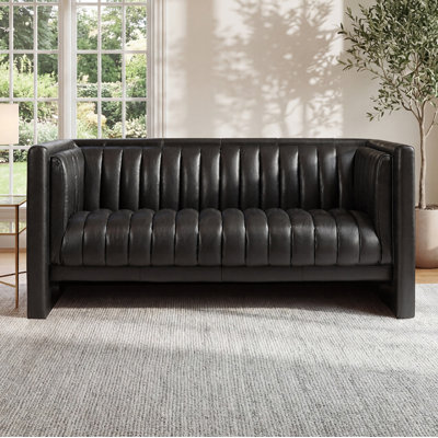 Broderic 65"W Full-Grain Genuine Italian Leather Upholstered Channel Tufted Loveseat Sofa 