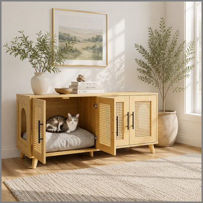 Myra Indoor Premium Rubber Wood Cat Cabinet with Cozy Cushion – Stylish Hidden Pet Furniture for Modern Living Spaces