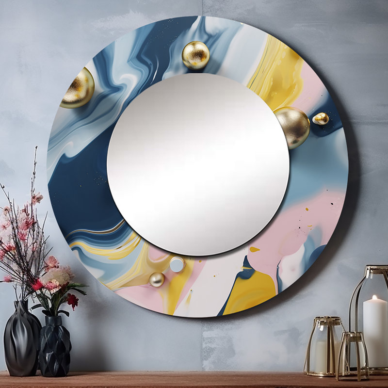 Obrad jaune et bleu fluide pierre V - marbre unique miroir mural, miroir rond jaune, impression d'art en métal, 23 po x 23 po