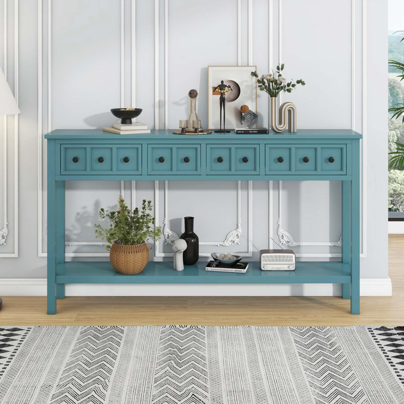 Wood Console Table with two Different Size Drawers, Bottom Shelf, Turquoise Green