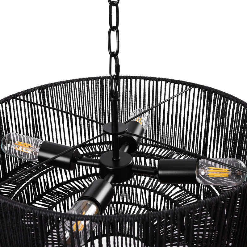 4-Light Dimmable Hand-Woven Rattan Tiered Chandelier, Matte Black
