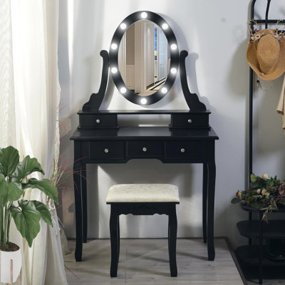 Wood Makeup Vanity Set with Oval Mirror, LED Lights, 5 Drawers & Comfortable Stool, Vanity Desk and Study Table for by Ebern Designs