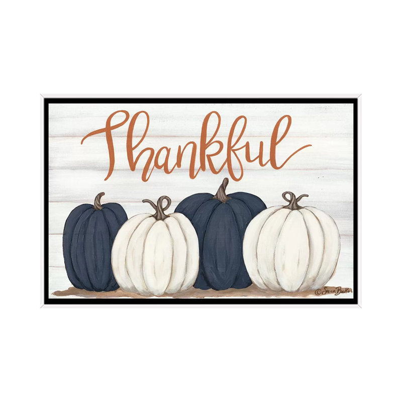 «Thankful Pumpkins» par Sara Baker - reproduction d'art, H 26 po x l 40 po x 1,5 po, Toile blanche encadrée, Aucun mat