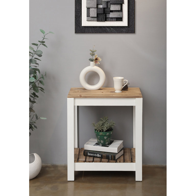 Cedarfield 2 Tier Wood Side Table, White and Brown Rustic Farmhouse Accent Table