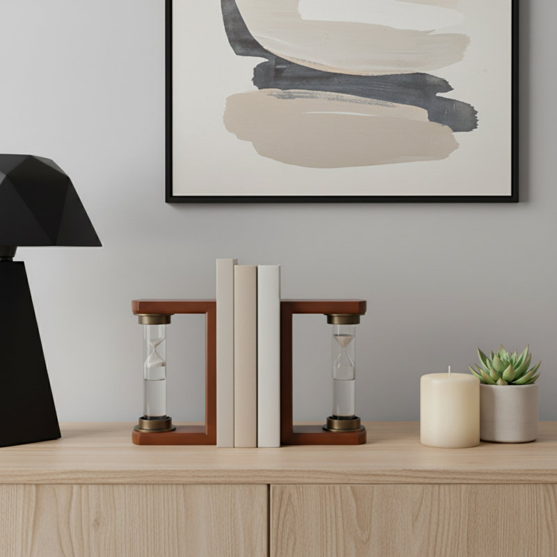 Aldarondo Decorative Hourglass Sand Timer Bookends - Modern Book Ends for Home, Bookshelf, or Desk Decor - Set of 2, 8", Brown