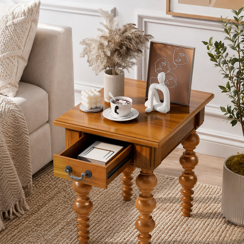 Solid Wood End Table with Drawer, Natural