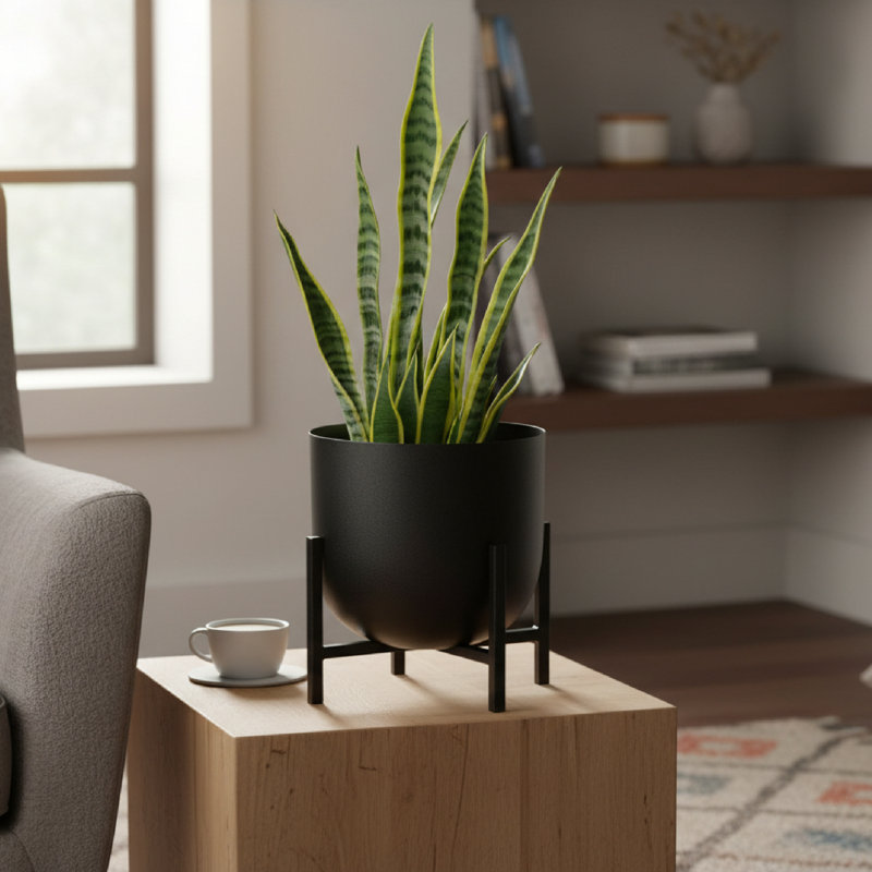 7.5" Round Planter With Stand Black, Black