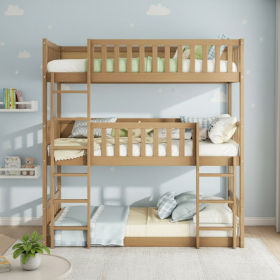 Lit superposé triple en bois massif avec échelles, lit superposé simple au-dessus d'un lit simple pour garçons et filles
