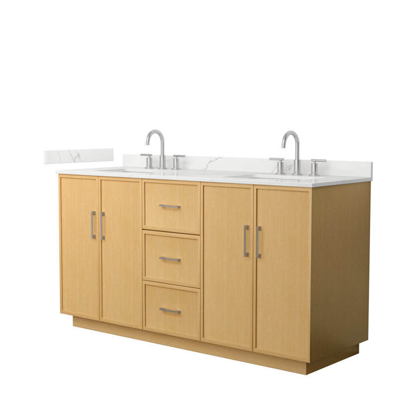 Elan TK 66" Freestanding Double Bathroom Vanity with Quartz Top, Giotto Quartz, Light Oak, Brushed Nickel