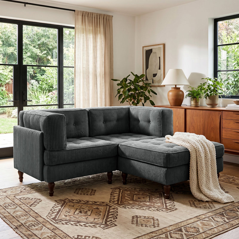 Canapé modulaire rembourré 3 pièces en velours côtelé capitonné avec dossier et coussin rabattable amovible, Gris