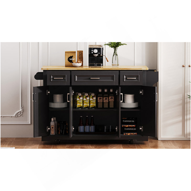 54Inch Large Kitchen Island With Rubber Wood Drop Leaf, Embossed Texture Rolling Kitchen Cart On 4 Wheels With 4 Doors And 3 Drawers, Kitchen Island With Storage For Kitchen, Dining Room,Black