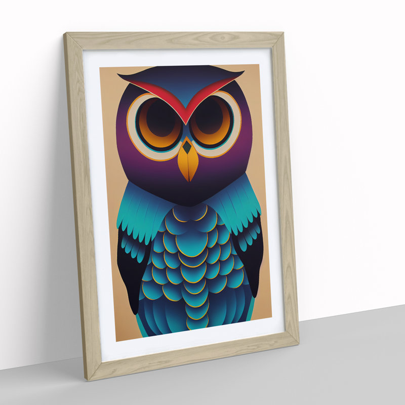 Colourful Owl No.5 Abstract - Single Picture Frame Print, 34cm H x 25cm W x 2cm D, Oak