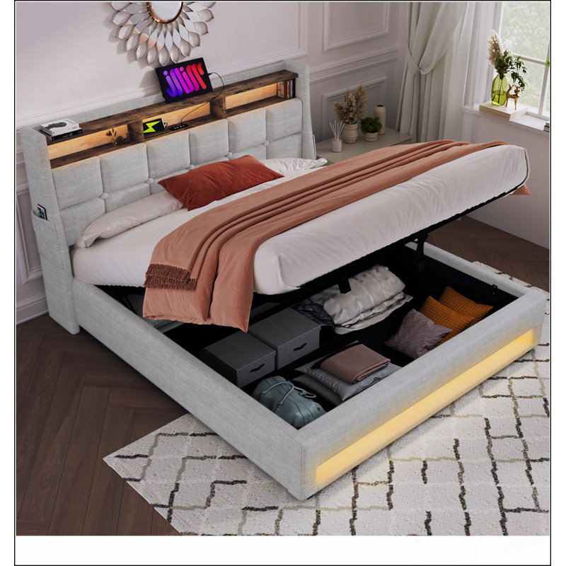 Upholstered Platform bed with a Hydraulic Storage System, LED and USB Charging, Natural, Full/Double