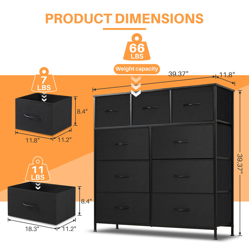 Commode 9 tiroirs Xinia, Noir