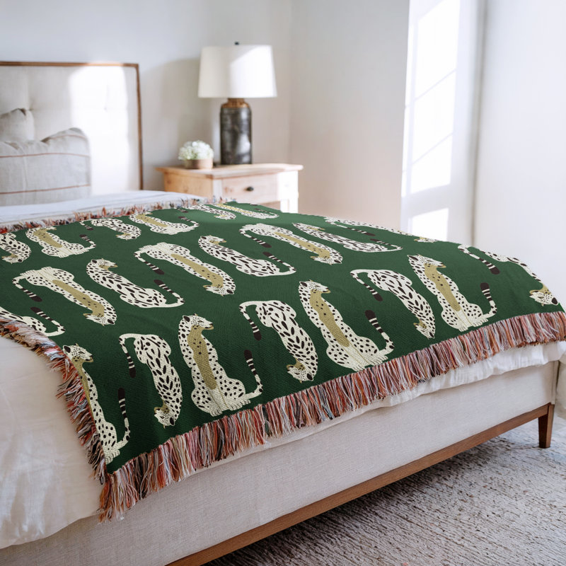 Jeté en mélange de coton Ren Leopard, L 70 po x l 50 po, Vert / blanc cassé