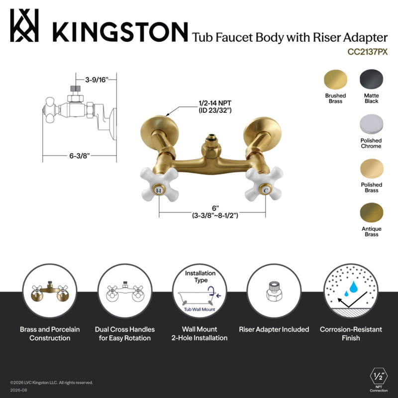 Corps de robinet de baignoire mural en laiton Kingston avec adaptateur de colonne montante Kingston, Chrome poli