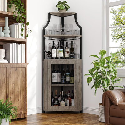 Armoire de bar à vin de style industriel - Support à vin amovible, porte-verre, porte en filet, grand buffet de rangement à 5 niveaux pour la salle à manger, la cuisine ou le salon