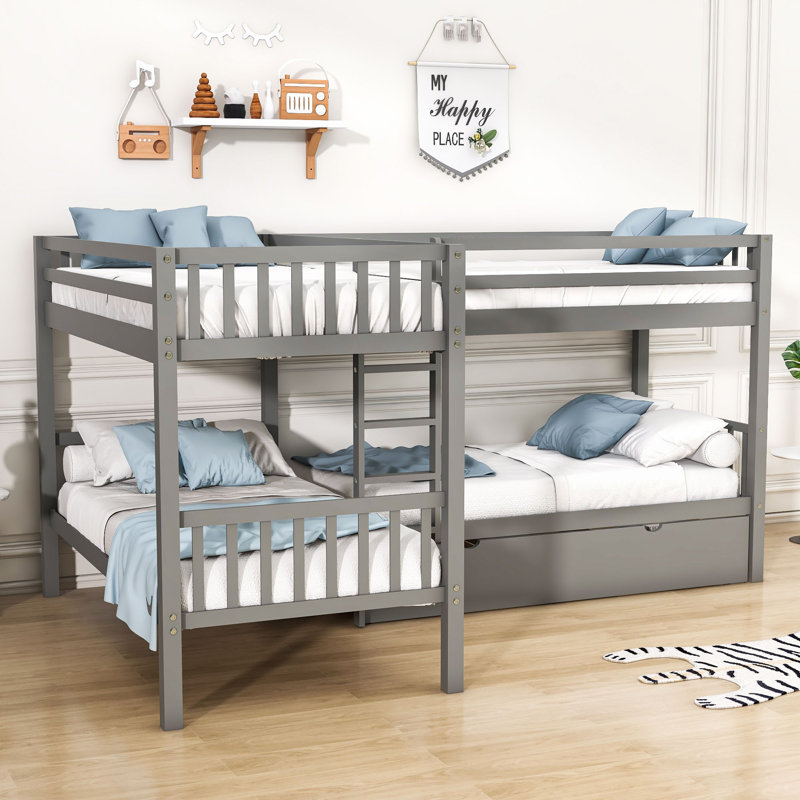 Lits simples superposés en L à 3 tiroirs, gris