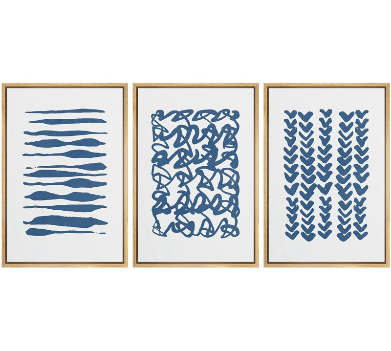 «Geometric Line Blue Brush Stroke Line Art Collage Abstract Patterns Modern Art Mid-Century Modern on Canvas», reproduction de 3 pièces