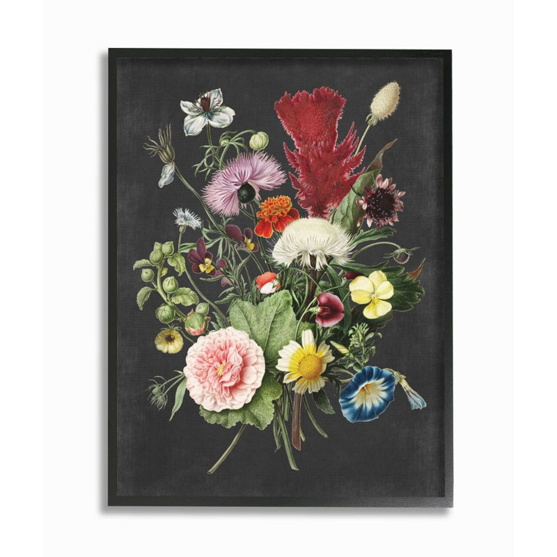 «Botanical Dessin Flower Bouquet On Design», impression, Giclée encadrée noir minuit, H 30 po x l 24 po