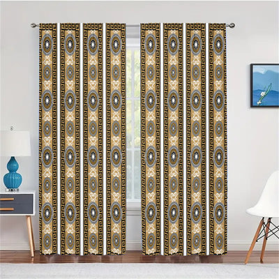2Pcs Greek Key Pattern Curtains Luxury Gold Black Medallion Window Drapes Rod Pocket Light Filtering Elegant Treatment for Living Room Bedroom Dining Home Decor