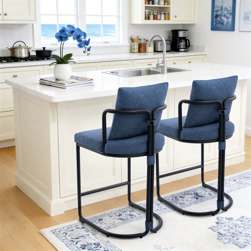 Cindina 26'' Boucle Counter Stools With Backrest & Metal Frame, Modern Upholstered Bar Chairs For Kitchen Island, Blue