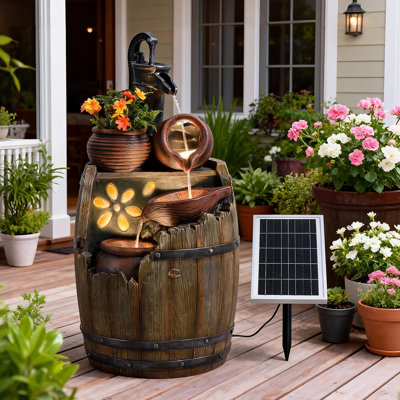 Solar Water Fountain Outdoor Rustic Pump And Barrel,4 Tiered Cascading Bowl Solar Powered Water Fall Fountains Outside Feature With Led Lights For Garden, Patio, Porch, Backyard Decor
