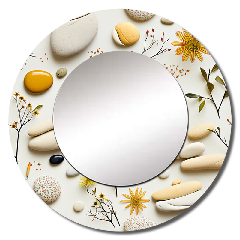 Motif zen serein de pierres pour spa - miroir décoratif botanique, miroir mural rond jaune, impression d'art en métal
