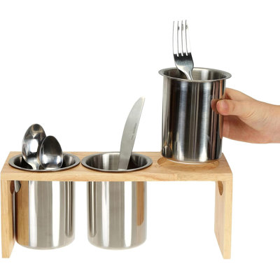 3-Piece Stainless Steel Silverware Holder Set with Wooden Tray - 4 Compartments, Drain Holes for Kitchen Counter/Cabinet