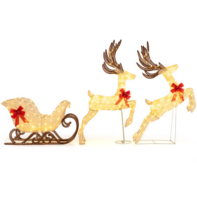  3PCS Christmas Lighted Reindeer Sleigh Set w/280 White LED Lights Ground Stakes Outdoor