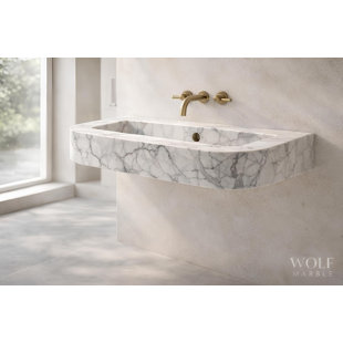Hand-Carved White Marble Wall-Mount Bathroom Sink with Brass Fixtures, Custom Size - 16 in x 14 in x 6 in