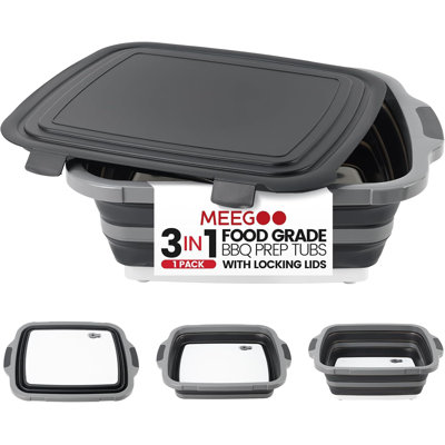 BBQ Prep Tub 3-IN-1 Large 16L Collapsible Cutting Board with Locking Lid for Meal Prep Marinating Food