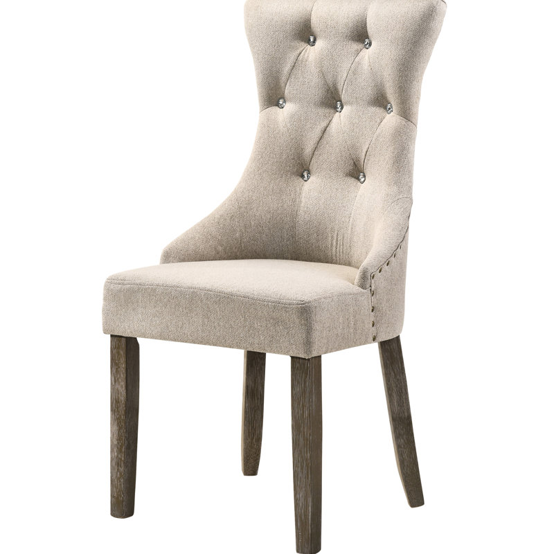 De 2 chaises de salle à manger beige et gris récupéré - dossier, assise moelleuse, pattes rustiques, garniture tendance, pieds, style classique