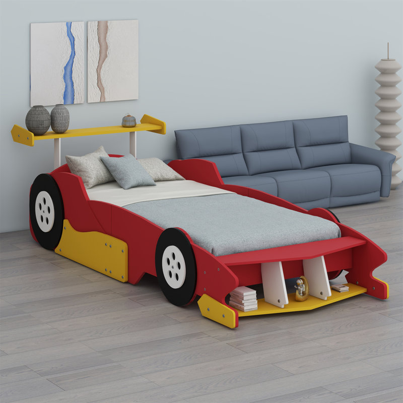 Race Car-Shaped Platform Bed With Wheels, Red